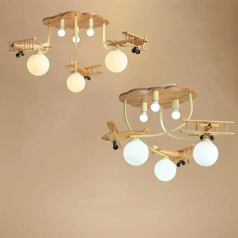 Decorbites™ wooden airplane chandelier light with frosted glass shades on cloud-shaped base for nursery ceiling LED E27