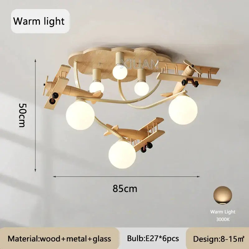 DecorBites™ wooden airplane chandelier light with warm white LED bulbs and natural finish for nursery or kid’s bedroom ceiling