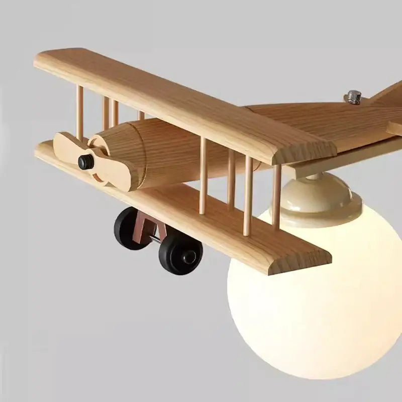 DecorBites™ wooden airplane chandelier light with cream bulb and black wheels for nursery room ceiling LED E27 fixture
