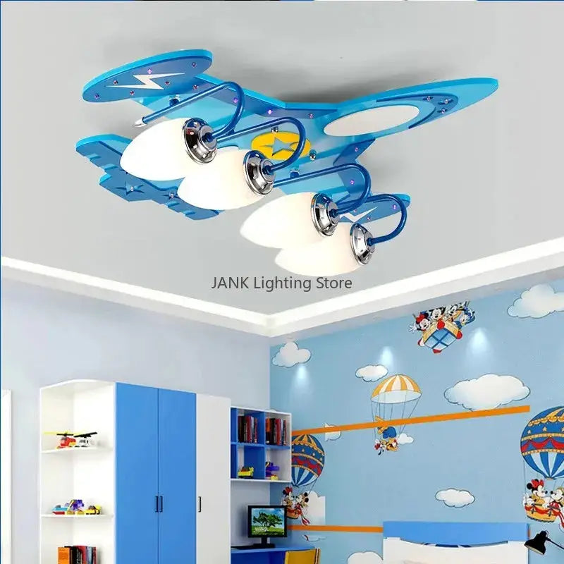 Blue airplane kids led chandelier with white lampshades and chrome accents for baby boy room lighting and decor