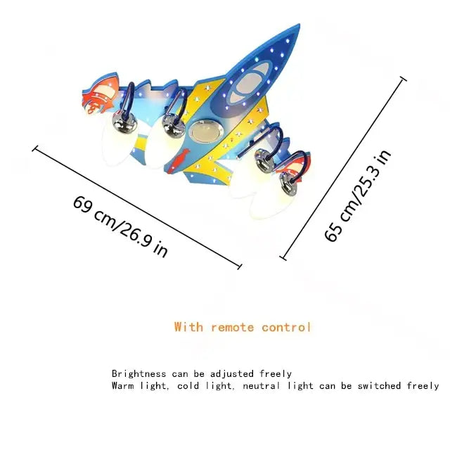 DecorBites™ airplane kids led chandelier with colorful rocket design and blue yellow accents for baby boy room lighting