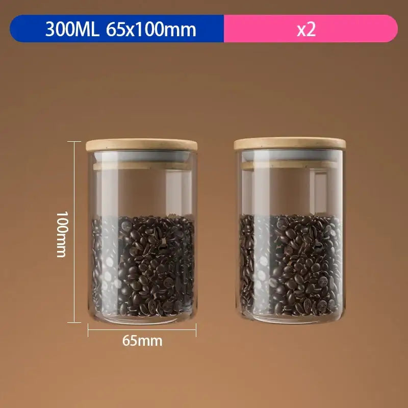 Two clear glass coffee bean storage jars with light brown bamboo lids airtight glass coffee preservation jars