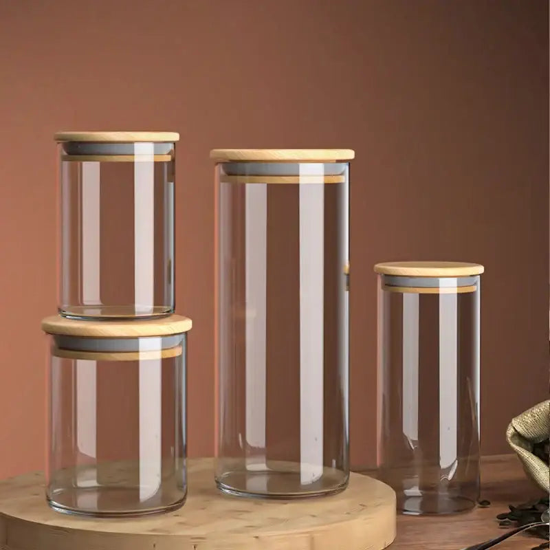 Clear glass airtight glass coffee bean storage jar with light wood bamboo lid and gray silicone seal for kitchen preservation