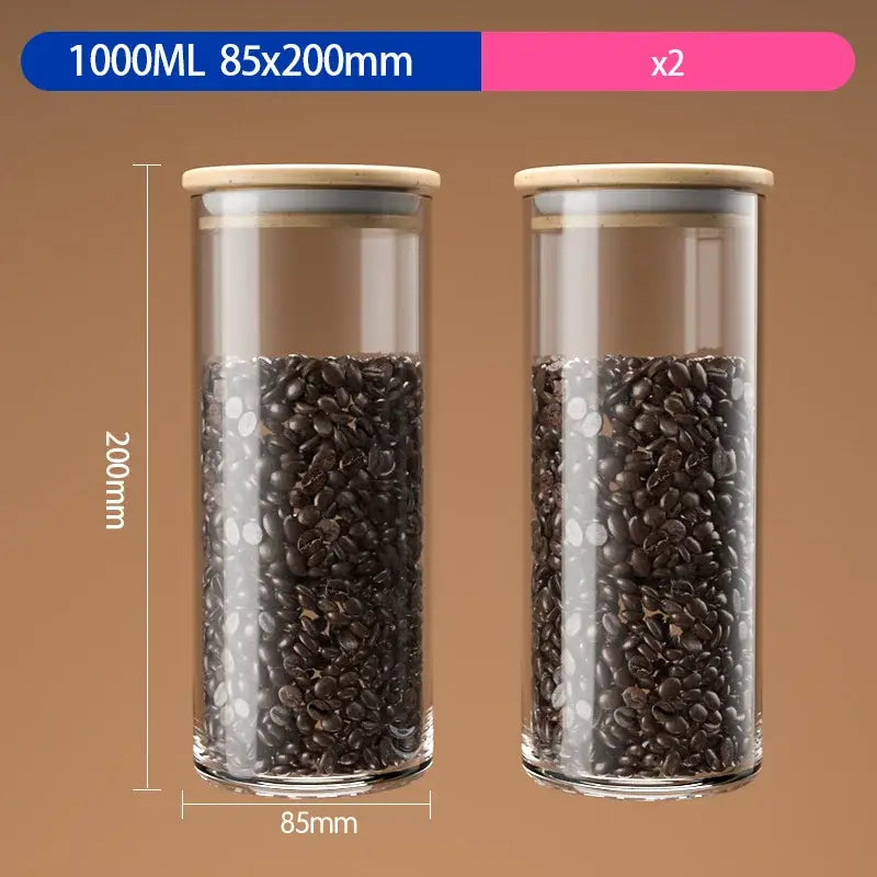 Two clear glass coffee bean storage jars with airtight bamboo lids and 1000ml capacity by DecorBites