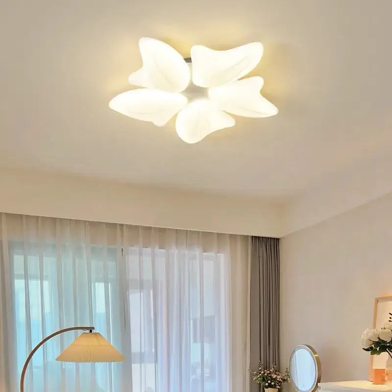 White translucent flower ceiling chandelier with five petal-like arms from decorbites aisal flower ceiling series