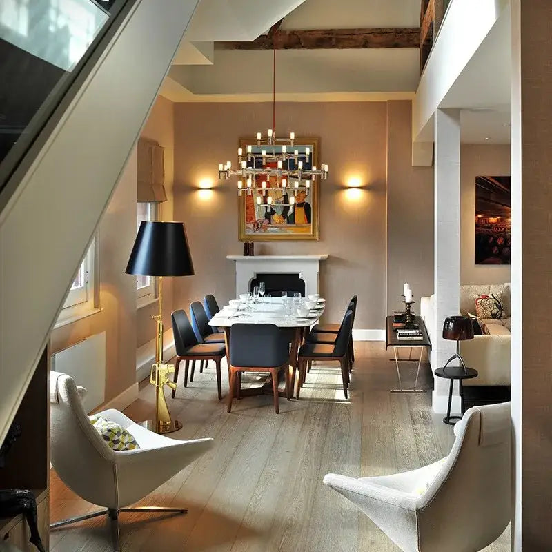 Modern chandelier with geometric design and candle-like bulbs complementing decorbites ak47 gun design table lamp