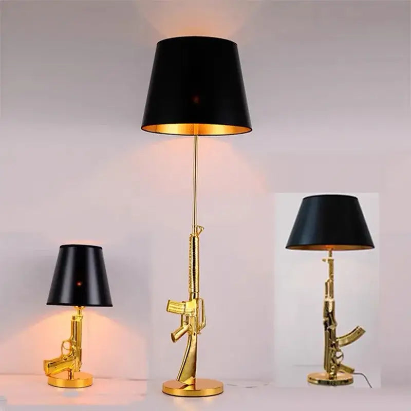 Decorbites™ ak47 gun design table lamp in gold with black lampshades for modern living room and bedside decor