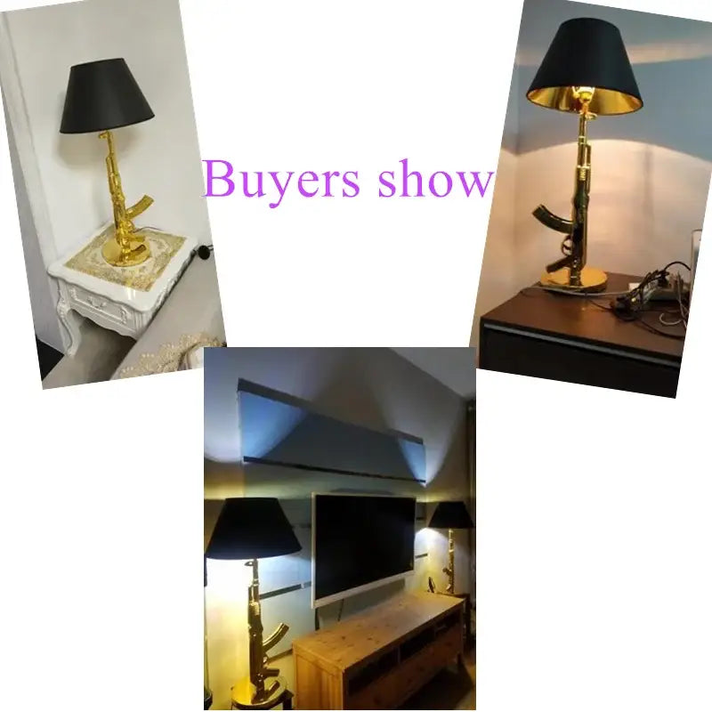 DecorBites™ ak47 gun design table lamp in gold with black fabric shade for modern living room and bedside decor