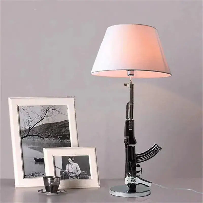 Decorbites ak47 guns floor lamp in black and silver electroplated metal with white conical shade for luxury decor