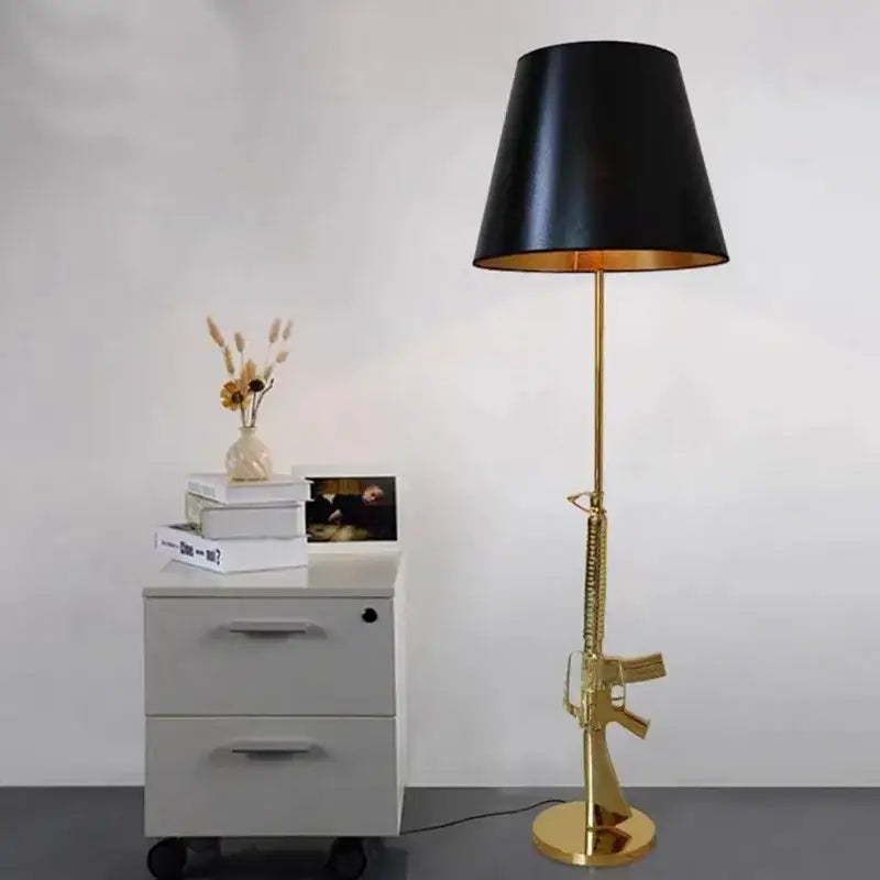 Gold-colored ak47 guns floor lamp with black conical shade and golden interior electroplated metal decorbites floor lamp