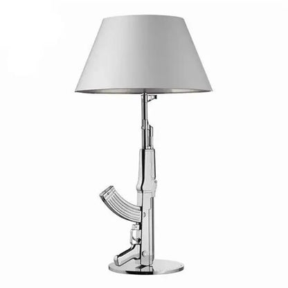 DecorBites ak47 guns floor lamp with chrome finish, electroplated silver metal, and minimalist gray conical shade