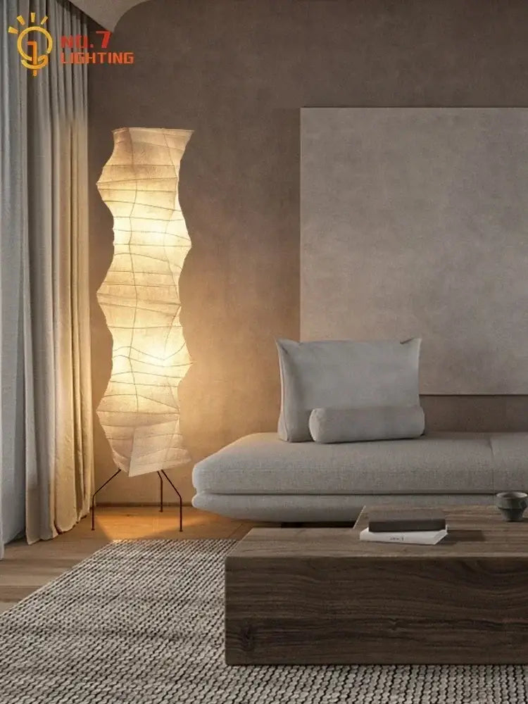 Decorbites akari japanese rice paper floor lamp with wavy shade and slender metal legs for bedroom living room