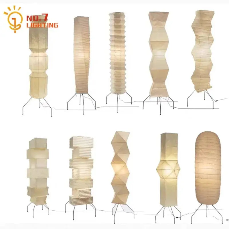 A collection of cream-colored akari noguchi floor lamps with geometric rice paper designs for elegant living room decor