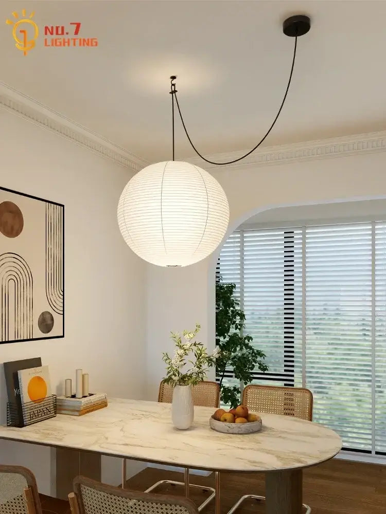 White spherical paper lantern pendant lights with black cord suspension akari noguchi led for living room decor