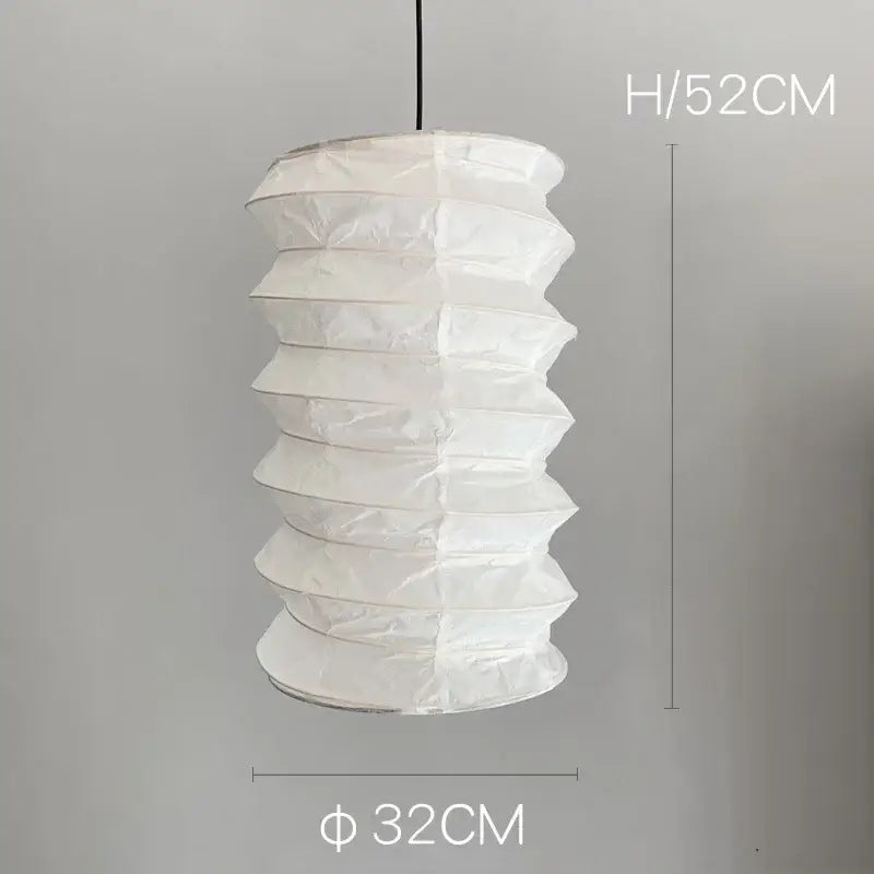 White cylindrical paper pendant light with accordion design and black cord for home décor akari noguchi pendant