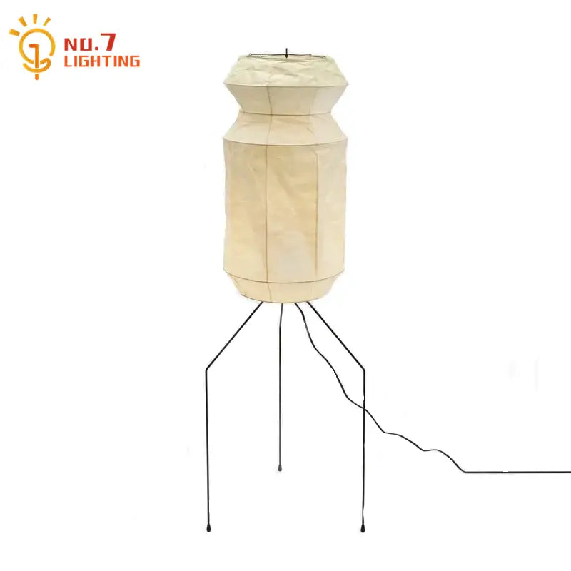 Cream-colored cream-colored led floor lamp with geometric paper lantern shade and chrome tripod legs by decorbites akari noguchi