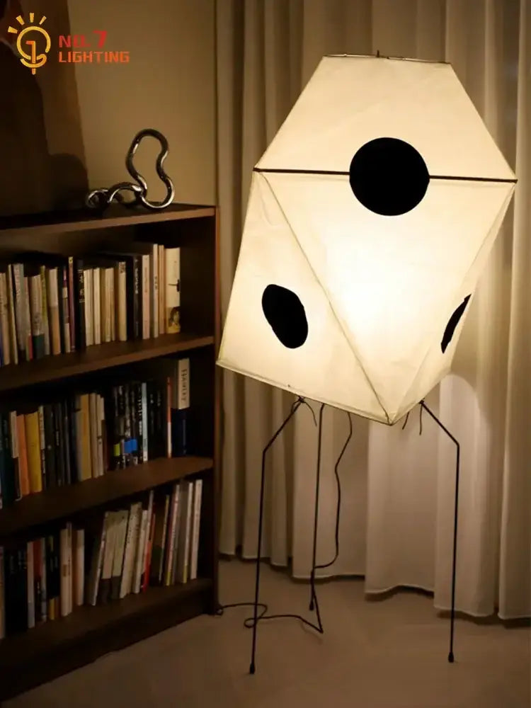 Modern decorbites™ akari rice paper floor light with white paper shade and black circles on thin metal legs