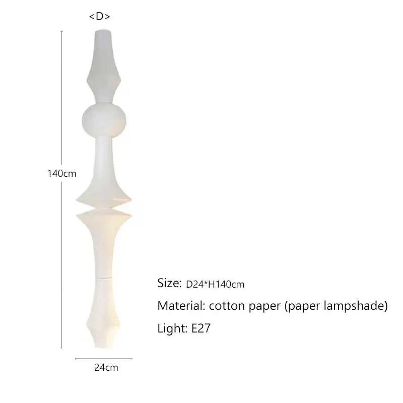 A tall slender white akari rice paper pendant lamp with stacked geometric design and e27 bulb fitting for living room