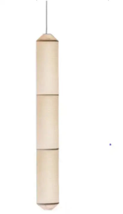 A sleek beige cylindrical akari rice paper pendant lamp with segmented design for living room and bedroom decor