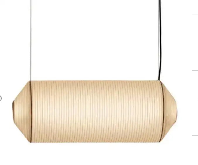 Beige akari rice paper pendant lamp with vertical ribbed texture and tapered ends for living room and bedroom lighting