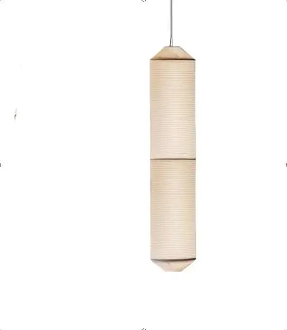 Beige akari rice paper pendant lamp with cylindrical shape and subtle vertical ridges for living room or bedroom lighting