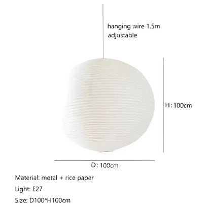 White spherical akari rice paper pendant light with metal frame and adjustable hanging wire for home décor lighting