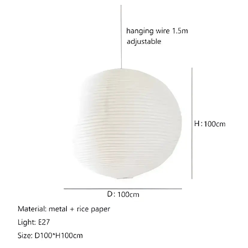 White spherical akari rice paper pendant light with metal frame and adjustable hanging wire for home décor lighting
