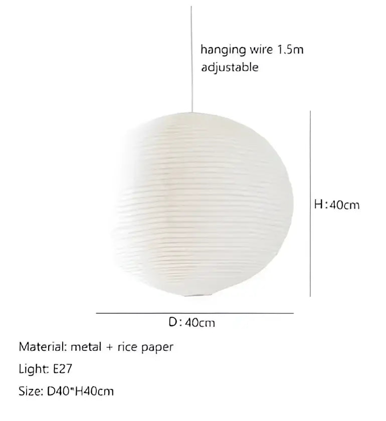 White spherical decorbites akari rice paper pendant light with metal frame and adjustable hanging wire for home décor