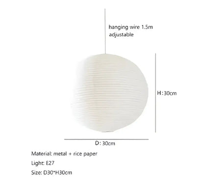 White spherical akari rice paper pendant light with metal frame and adjustable 1.5m hanging wire for home décor