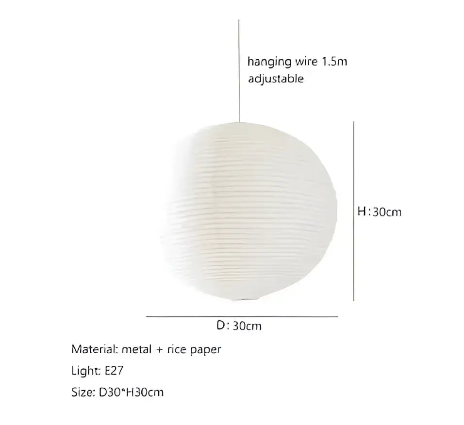 White spherical akari rice paper pendant light with metal frame and adjustable 1.5m hanging wire for home décor