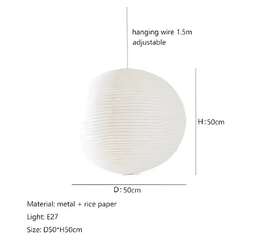 White spherical handwoven akari rice paper pendant light with ribbed texture and metal frame for home décor