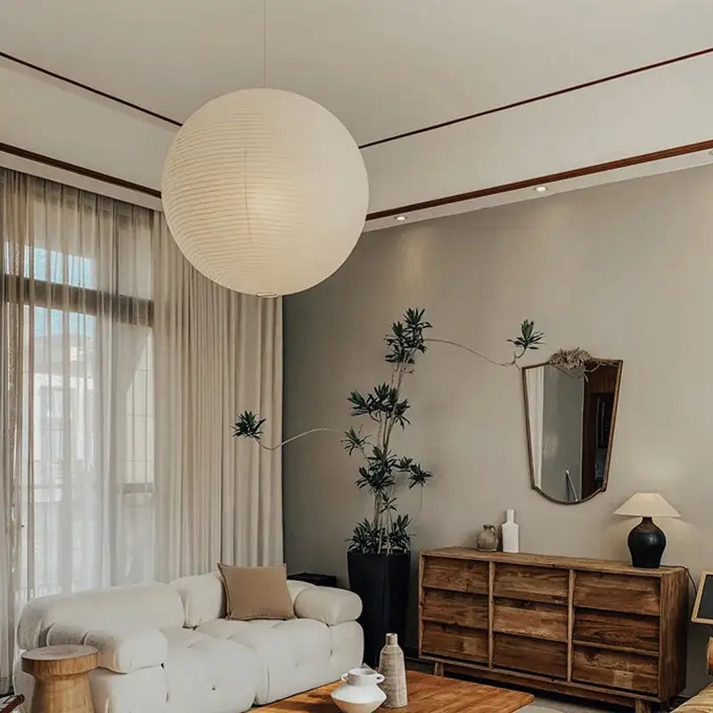 DecorBites™ akari rice paper pendant light with soft off-white hue and subtle vertical ridges for home décor
