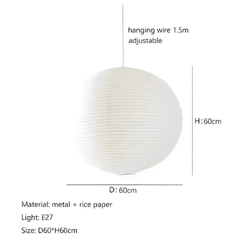 Decorbites™ akari rice paper pendant light with white spherical paper shade metal frame and adjustable hanging wire