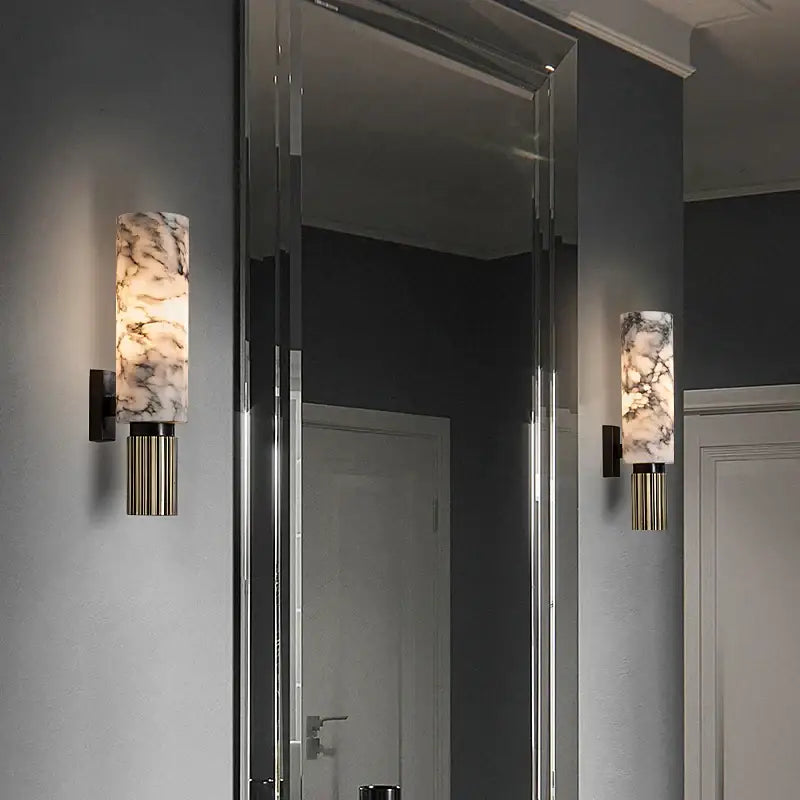 DecorBites™ alabaster copper wall lamp with white and gray marble sconce and brushed brass base for bedroom lighting