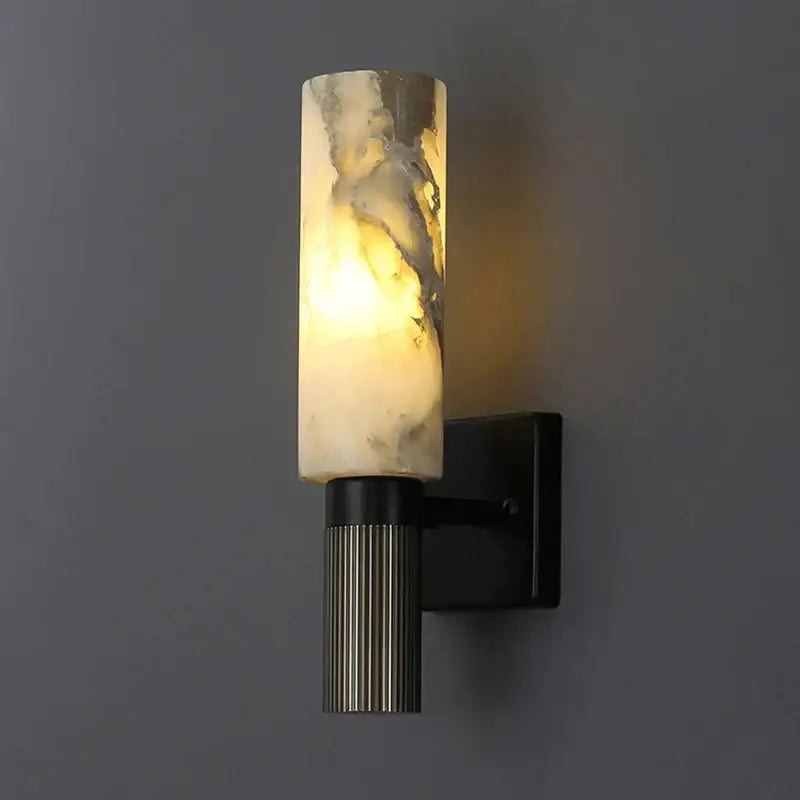 DecorBites™ alabaster copper wall lamp with warm onyx cylinder and ribbed metallic base for bedroom and living room