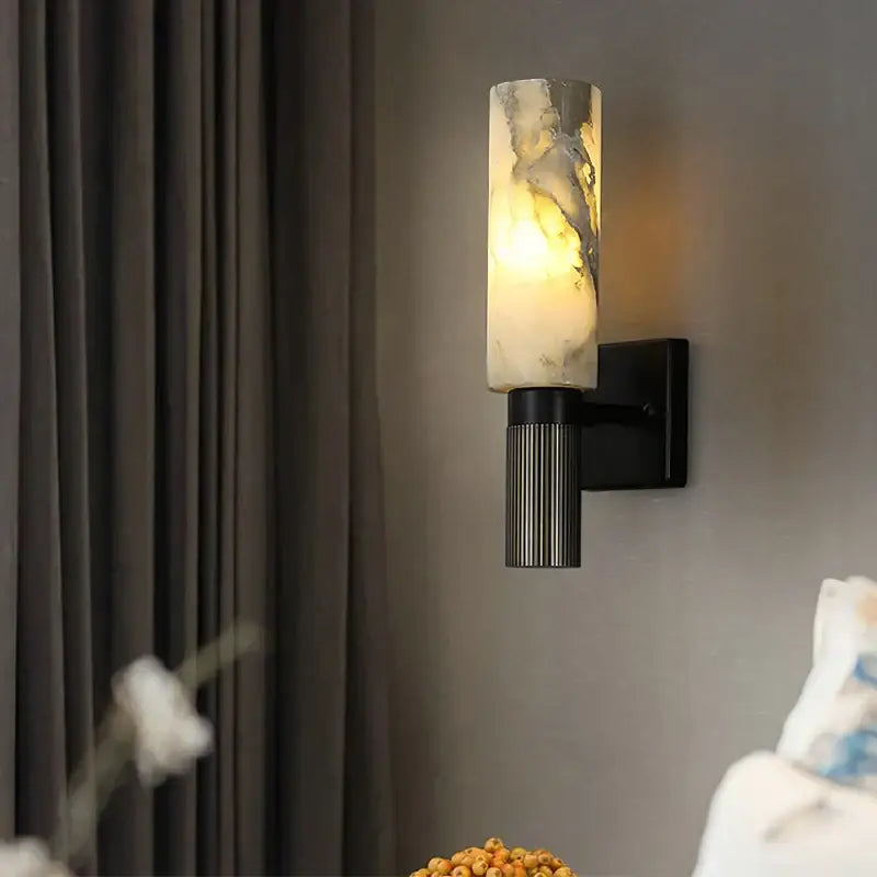Decorbites alabaster copper wall lamp with amber gray veined stone shade and black metal base luxury wall lamp