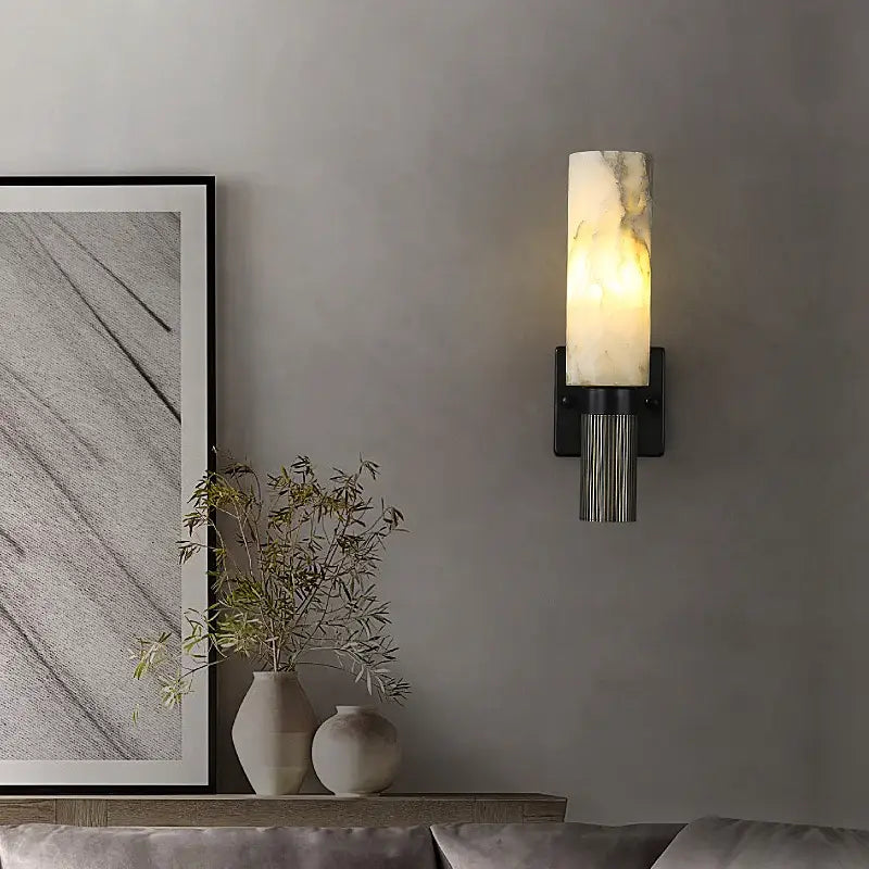 Decorbites™ alabaster copper wall lamp featuring a black copper wall lamp base and translucent white marble shade wall lamp