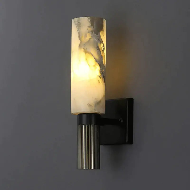 Decorbites™ alabaster copper wall lamp with cylindrical onyx shade and warm glowing led light in black metal base