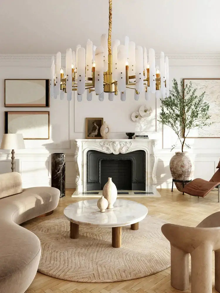DecorBites™ alabaster gold chrome chandelier suspension with gold-toned frame and white glass shades for living room
