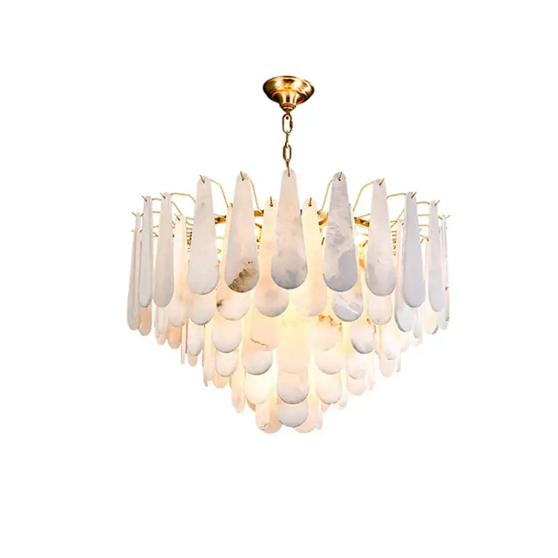 Elegant white marble alabaster lustre led chandelier with gold metal accents and cascading teardrop shades for dining room