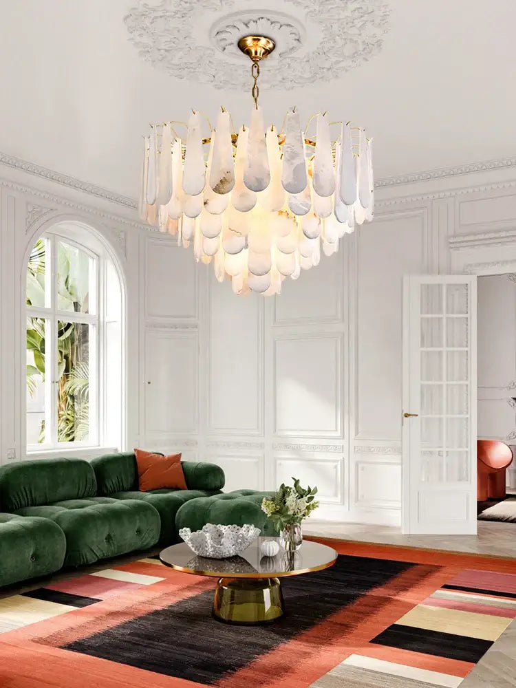 A luxurious alabaster lustre led chandelier with cascading white and gray glass teardrops for dining room decor