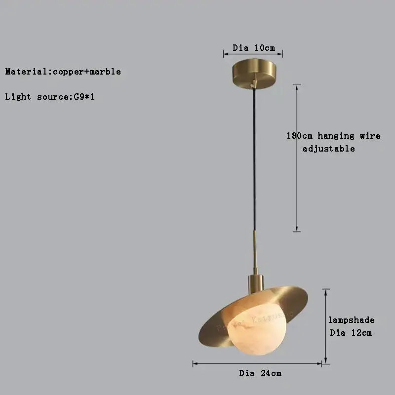 DecorBites™ alabaster marble pendant light with brass-finished copper and marble shade and adjustable 180cm wire