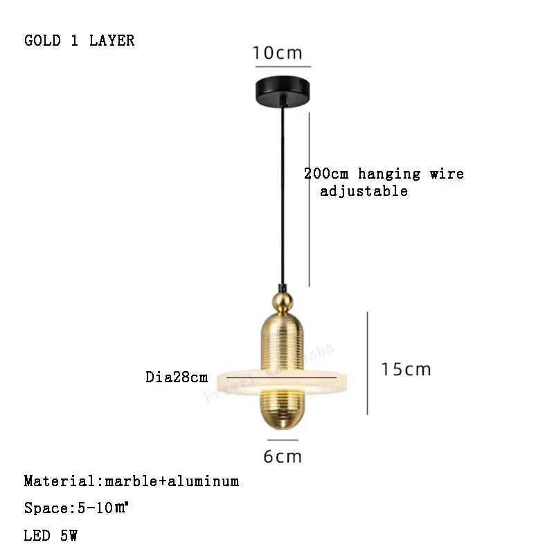 Gold one-layer pendant light with horizontal ridges and integrated led bulb for luxury marble pendant lights decor