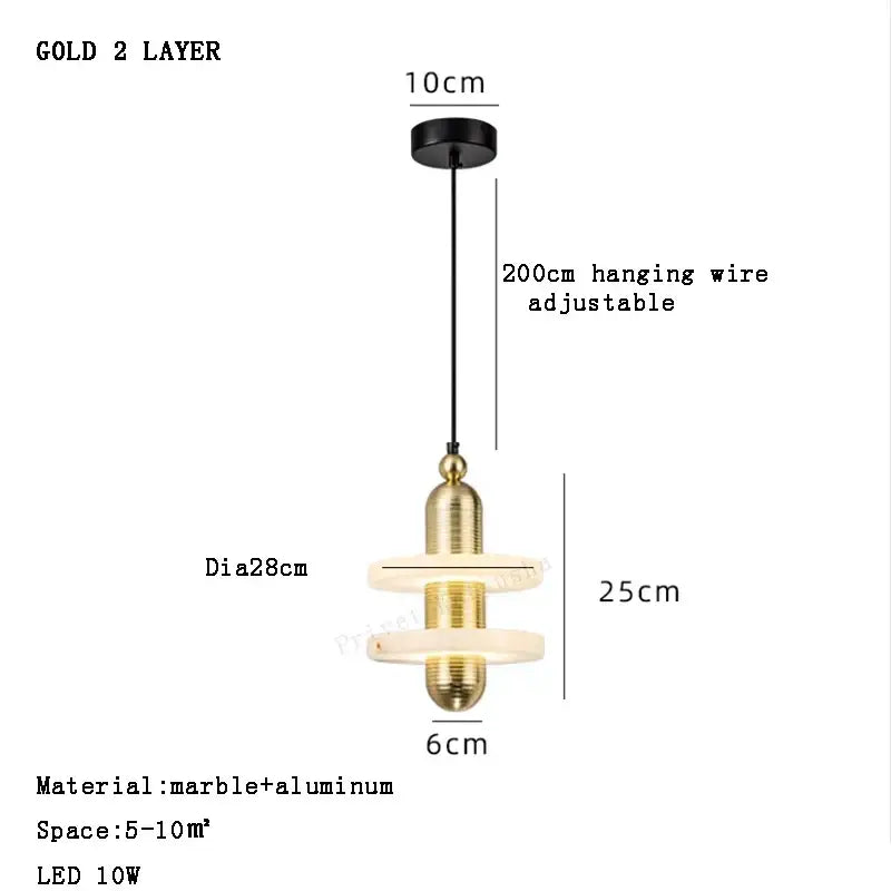 Gold two-layer alabaster marble pendant light with aluminum construction and sleek circular design for luxury décor