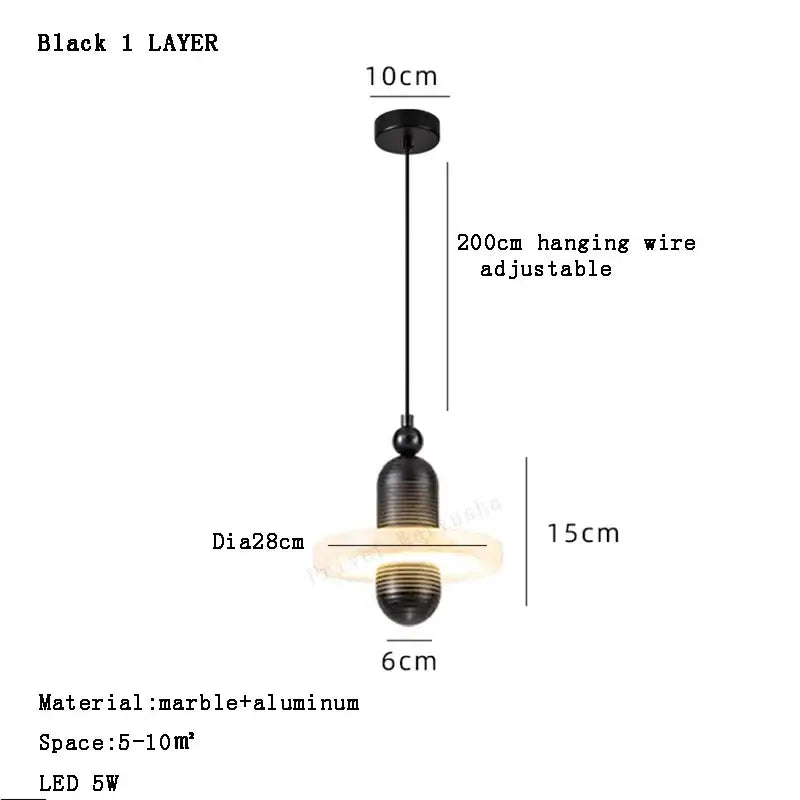 Black single-layer alabaster marble pendant light with aluminum design and adjustable 200cm wire for luxury dining room decor
