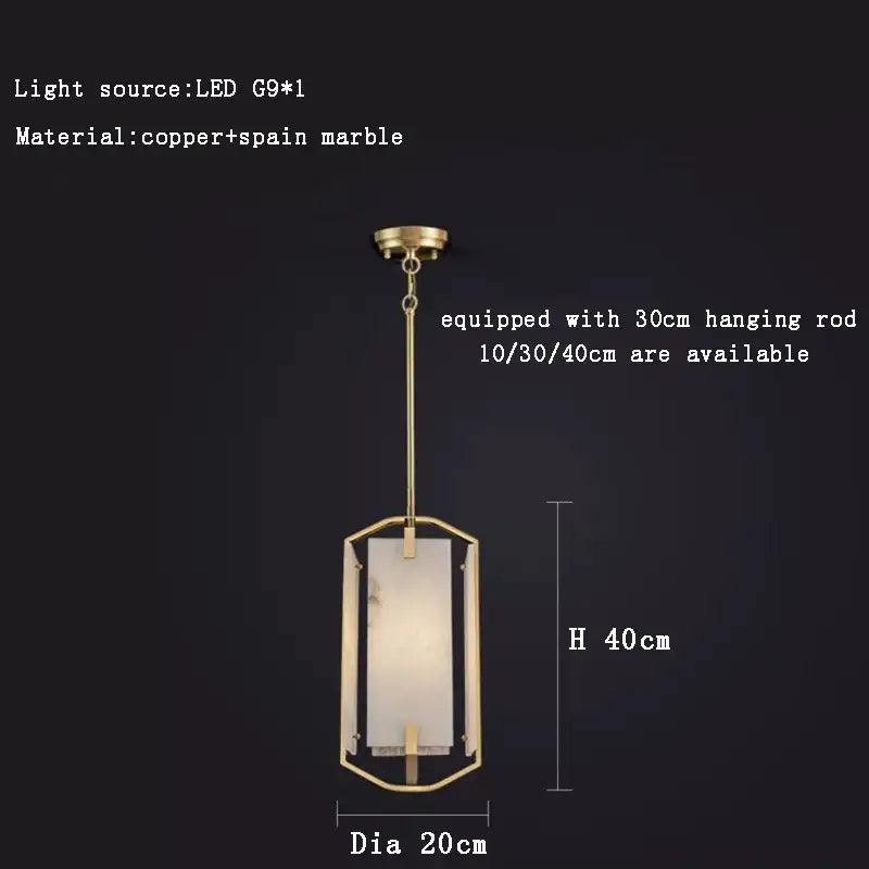 A modern brass copper frame pendant light with off-white alabaster marble panel for luxury dining and kitchen decor