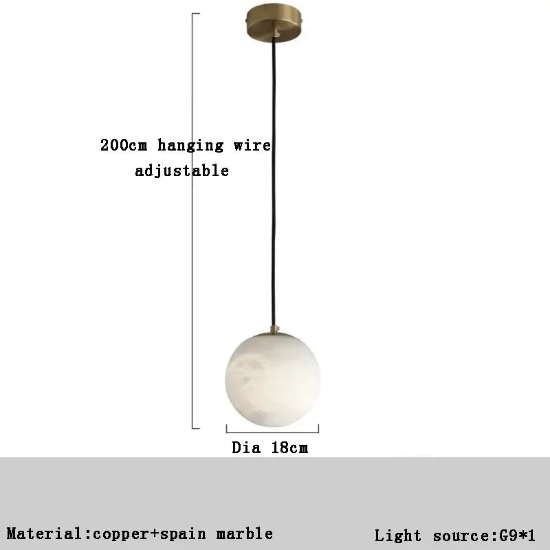 DecorBites™ alabaster marble pendant lights with a white spherical marble shade brass mount and black wire for luxury décor