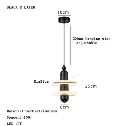 Black two-layer alabaster marble pendant light with aluminum circular rings emitting warm glow for luxury dining décor