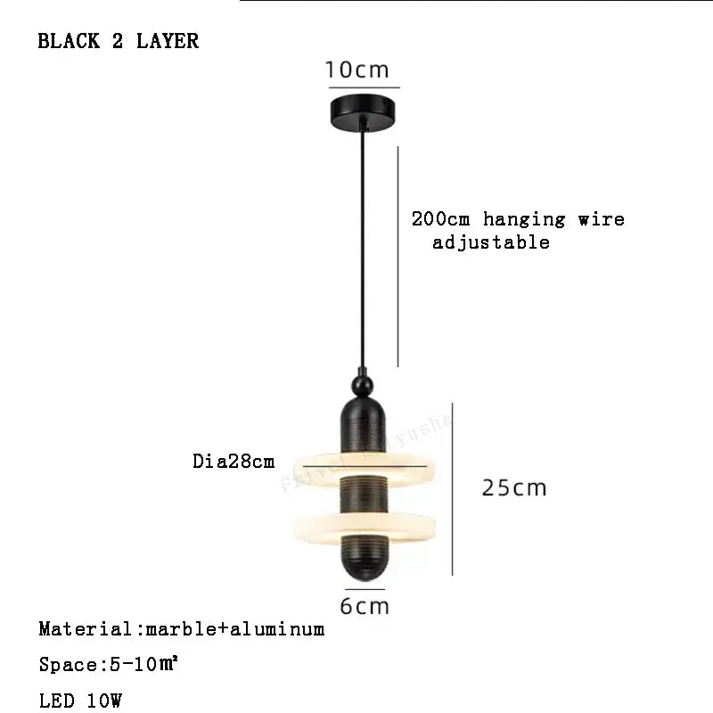 Black two-layer alabaster marble pendant light with aluminum circular rings emitting warm glow for luxury dining décor