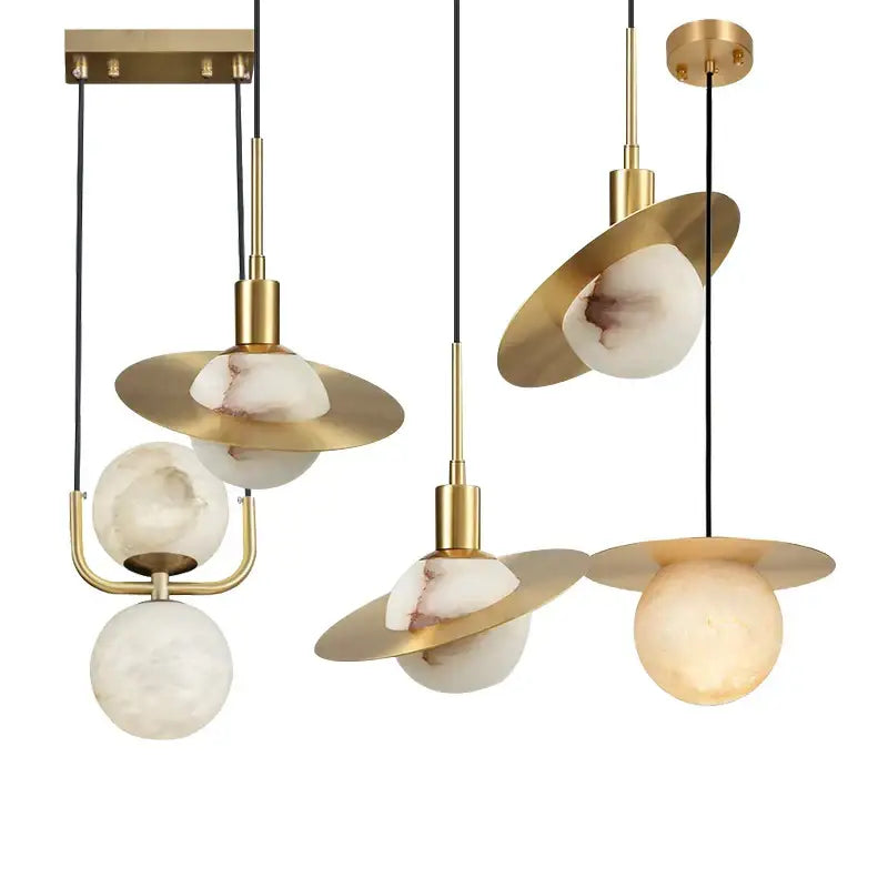 Decorbites™ alabaster marble pendant lights with gold-toned metal fixtures and veined white marble shades for luxury decor